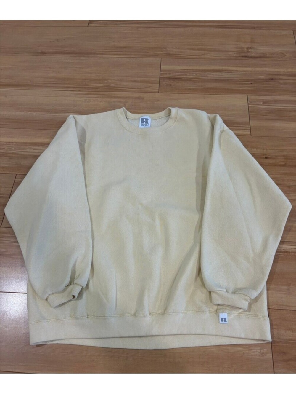 Vintage 90s Russell Athletic Pastel Yellow Blank Crewneck Sweatshirt - Large